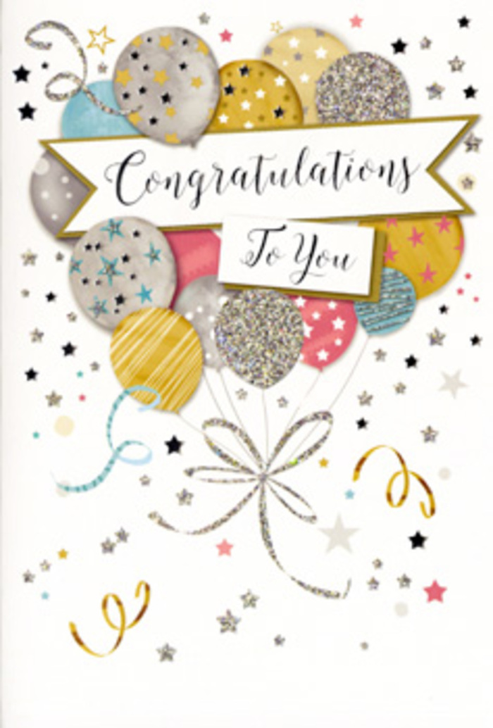 The image on this congratulations card feels like a perfectly timed celebration, captured just at the moment when the balloons begin to rise and everyone is smiling. A generous cluster of balloons dominates the centre, arranged in overlapping layers that create a sense of depth, almost like looking into a three-dimensional display in a Barnet shop window on a bright afternoon. The balloons are rendered in a soft yet luminous palette of metallic gold, polished silver, champagne beige, misty sky blue, gentle blush pink, and cool grey. Each one has its own personality: some are brushed with tiny silver stars, others with fine stripes, dots, or glittery patches that catch imaginary light, evoking the feel of textured ink and delicate sparkle under your fingertips. Slender curling ribbons in gold, silver, and white stream down from the base of the bouquet, loosely twisting and looping as though gently stirred by an indoor breeze. Around the balloons, tiny metallic stars, floating flecks of confetti, and whimsical ribbon curls drift across the light background, echoing the spontaneous joy of a surprise party after good news from work or exams in Barnet. Across the centre, a softly curved banner stretches out, edged with subtle metallic detailing and bearing a refined Congratulations message in elegant, flowing calligraphy. The lettering feels both celebratory and sincere, like a carefully chosen phrase spoken at just the right moment. The composition is balanced and graceful, with enough white space to keep it sophisticated while still bursting with festivity. As a florist used to creating congratulatory bouquets for local milestones-from new jobs to graduations-this card image pairs beautifully with fresh flowers, offering a lasting, shimmering reminder of a truly special achievement.