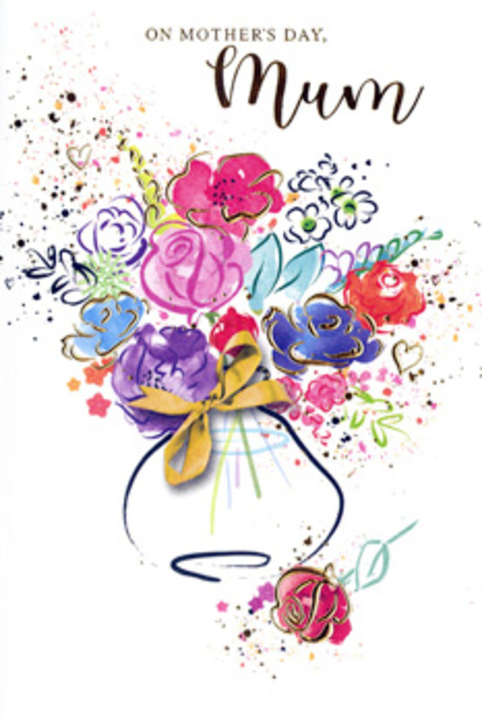 The image on this Mother's Day card presents a vivid, watercolour-style bouquet that feels alive with motion and affection. At its core, generously painted flowers in shades of hot pink, cerise, and raspberry red rise up like a celebratory arrangement placed in the window of a favourite Barnet florist. Dark indigo outlines define the petals and stems, curving in expressive, almost calligraphic strokes that suggest both artistry and botanical knowledge. Nestled among these glowing blooms, softer hues of powder blue, periwinkle, and lavender are brushed in loose, rounded forms, giving the impression of smaller blossoms peeking through the main cluster. Gentle strokes of fresh green suggest foliage, while tiny flecks of chartreuse highlight the lively nature of the bouquet, reminiscent of new leaves emerging in spring around Monken Hadley Common. Adding to the sense of depth, glimmering accents of gold trace certain contours, outlining petals, hinting at veins in leaves, and forming subtle heart shapes that pulse quietly with sentiment. A simple vase anchors the composition near the bottom of the card, its outline implied rather than strictly drawn, finished with a neat suggestion of a golden bow that brings to mind hand-tied ribbon on a gift delivered across Barnet. Surrounding the bouquet, playful splatters of pink, blue, and gold drift across the white background like confetti, conveying celebration without overwhelming the central flowers. The result is a card that feels both spontaneous and thoughtfully designed, mirroring the way a real florist arranges blooms to express love, gratitude, and the enduring bond between mother and child.