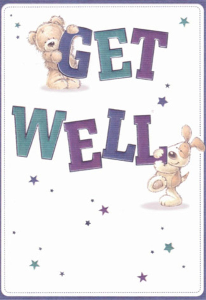 Brimming with gentle encouragement, this get well card is brought to life by the playful illustration of a smiling, honey-coloured bear and a floppy-eared puppy whose fur hints at soft caramel-a pair as welcoming as a friendly face on Barnet High Street. Surrounding them are whimsical, star-shaped bursts in tones of lavender, sky blue, and shimmering purple, as if tiny tokens of hope are spinning through the air, lighting up the scene like the evening sky above Barnet Park. The typography-large, confident, and shaded in layers of deep purples and aquatic teals-anchors the design in a mood of calm reassurance, their boldness mirrored in the support friends and neighbours often offer throughout the area. There's striking texture in the bear's fluffy coat and the puppy's velvety ears, evoking the kind of tactile comfort you'd find in a lovingly wrapped bouquet from a local florist. Together, the illustrated characters and jubilant message form a celebration of resilience, radiating positivity and heartfelt care across every brushstroke. This card's airy, uplifting design is perfectly suited for sending both a smile and a soothing embrace to someone in Barnet who could use a gentle lift.