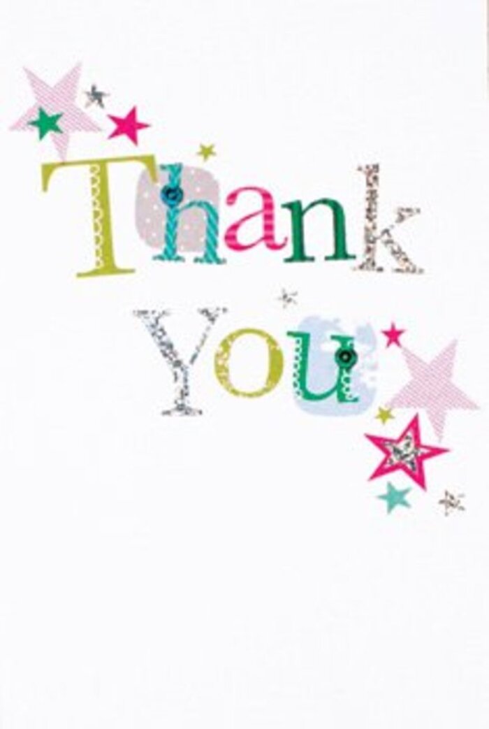 There's a subtly exuberant grace to this thank you card as it rests amid a fresh bouquet from a Barnet florist, its design radiating heartfelt appreciation. Each letter forming the phrase 'Thank You' offers its own unique style-some adorned with playful polka dots, others sculpted with delicate curves or stitched textures, all brought together through a lively mix of lime green, bold fuchsia, and tranquil blue. Shining silver accents glimmer where the light catches, lending a celebratory sparkle similar to the gentle twinkle of fairy lights in Barnet's bustling High Street shops. Encircling the message, a flurry of bright stars-striped in pinks, filled with deep turquoise, or kissed with silvery sheen-gathers like confetti tossed after a successful event at the Barnet Museum. The card's composition feels both contemporary and timeless, lifted by abundant white space that keeps the mood airy and inviting. Every detail, from the patterning to the layered textures, suggests careful craftsmanship and an invitation to linger. This card is just right for tucking alongside blooms destined for any of Barnet's neighborhoods-a universally warm gesture capturing the same buoyance and sincerity as the flowers from Flower Delivery Barnet, making every word and petal resonate with genuine appreciation.