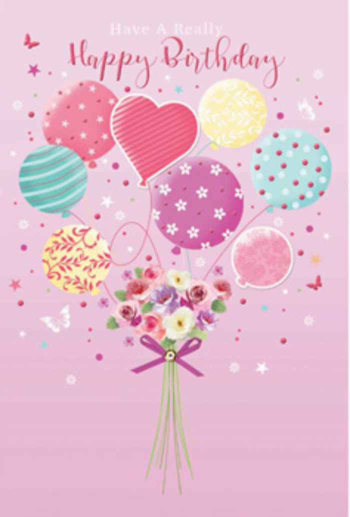 This illustrated birthday scene feels as if a bouquet has taken flight above Barnet, drifting gently over rooftops near High Barnet station. The background is a soft, diffused pink, like the sky just after sunrise. Rising from the lower centre of the image is a cluster of pastel balloons, their colours shifting from pale sunshine yellow and sea-glass green to rosy fuchsia and lilac. Each balloon carries a different festive design: some are wrapped in spiralling ribbons that curl as if caught in a breeze, others are sprinkled with polka dots and abstract florals that dance across the surface. The careful shading and reflections across each balloon give them a glossy, almost touchable texture, suggesting the soft rustle of latex brushing together during a party. Tethered below is a petite, hand-tied bouquet that appears almost weightless despite its fullness. The flowers include small roses and daisy-like blossoms, their petals shaded delicately from cream to soft rose and blush, as though they have caught the first light filtering over Hadley Green. They're gathered in a natural, rounded cluster, the stems bound with a shimmering purple bow that adds a hint of sparkle, like fairy lights at a birthday dinner. The imagined fragrance is sweet but gentle, a mix of fresh-cut petals and greenery you might notice walking past a garden in East Barnet after a shower of rain. Around the balloons, tiny stars, butterflies, and whimsical details hover in the air, amplifying the sense of daydream and joyful surprise. The overall mood is one of gentle jubilation-a tender, imaginative way to send birthday wishes across Barnet with the charm of flowers and the lift of balloons.