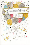 This detailed congratulations card illustration presents a joyful bouquet of balloons, arranged with the same care and balance a florist might use in a celebratory display for a Barnet home or office. The balloons, rounded and softly highlighted, fill the centre of the design in a harmonious palette of warm gold, cool silver, champagne, pale sky blue, soft blush pink, and gentle grey. Each balloon carries a different decorative pattern-twinkling stars, fine stripes, speckled confetti, or shimmering glitter accents-creating a lively yet sophisticated mix that suggests both movement and texture. The sheen on the surfaces makes them appear slightly reflective, as if catching the glow of evening light from a nearby window on Barnet High Street. Slender metallic ribbons trail from the base of the balloon cluster, curling gracefully downward in arcs of gold and silver that visually tie the composition together. Around the balloons, scattered metallic stars, dots of confetti, and playful ribbon swirls seem to float in mid-air, adding a sense of celebration, like fragments of laughter and applause preserved on the page. At the heart of the scene, a gently unfurled banner stretches across, trimmed with delicate detailing and inscribed with a warm Congratulations To You message in elegant, looping script. The balance of clean space and decorative detail keeps the image airy and uplifting while still feeling rich and special. As a local Barnet florist used to pairing flowers with meaningful cards for promotions, exam results, and personal victories, I'd describe this design as a refined, sparkling tribute to a job well done, ready to accompany a bouquet on any proud doorstep in the area.