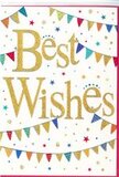 In this image, a charming Best Wishes card glows with festive detail, echoing the relaxed, happy feeling of a celebration somewhere off Barnet High Street or near Hadley Green. Dominating the centre, the phrase Best Wishes appears in sweeping cursive letters picked out in rich, embossed gold, so lustrous it seems to ripple like sunlight on metal. The letters stand slightly raised from the crisp white card, giving a subtle texture that suggests luxury without losing warmth. Curving above and below the central message are strings of colourful bunting, hung in loose, easy arcs like decorations strung between garden fences for a neighbourhood party. Each small triangular flag is painted in vivid tones-cerulean blue, bright crimson, grassy green, golden yellow and warm coral-some solid, others adorned with tiny dots, stripes or geometric patterns, which add a handcrafted, almost whimsical charm. All around the words and bunting, delicate specks and miniature star shapes scatter across the white background, creating the impression of soft, floating confetti, as if a moment of applause and laughter has been captured and held still on the page. The design feels open and airy thanks to the unprinted white space, letting the gold lettering and jewel-bright colours shine without feeling busy. It's the sort of joyful card you might choose to accompany flowers delivered to celebrate a promotion in New Barnet, a new baby in High Barnet, or a new venture near The Spires shopping centre. The overall atmosphere is one of optimism, gentle excitement and genuine, heartfelt support for whatever lies ahead.