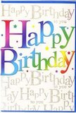This birthday card's front cover feels like an instant smile, much like walking into a surprise party in Barnet with balloons and flowers waiting. The central feature is the phrase Happy Birthday displayed in generous, bold letters that curve slightly across the card, each character drenched in a lively rainbow gradient. The colours glide from deep berry red to juicy orange, then into vibrant yellow, fresh lime green, bright teal, and royal blue, finishing with splashes of violet, resembling the shifting hues of a festive bunting strung across a garden in Oakleigh Park. The finish of the lettering appears smooth and slightly glossy, catching the light as though printed on high-quality card stock. Surrounding and behind this dominant text is a soft background wash in a pale, creamy shade, over which lines of elegant cursive script are repeated like a gentle refrain. In this script, the words Happy Birthday to you are written in a refined, golden-ink style that seems ever so slightly shimmery, as if traced with a very fine glitter pen. These delicate lines run horizontally across the card, creating a subtle rhythm that frames the main message rather than competing with it. Here and there, tiny sparkling dots and hints of star-like shapes appear, reminiscent of confetti dusted across a party table or the twinkle of fairy lights in a Barnet living room during an evening celebration. The contrast between the strong, colourful headline and the soft, shimmering background gives the card a feeling of both fun and sincerity-a perfect match for a thoughtful birthday bouquet making its way to someone special in Barnet.