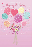 On a soft pink backdrop that feels like a freshly painted party wall in a Barnet townhouse, a whimsical birthday design unfolds with lightness and charm. At the top, a bouquet of pastel balloons floats upward, giving the sense that a celebration has just begun. Each balloon has its own personality: some are brushed with sweeping candy-coloured stripes, others are sprinkled with playful polka dots, and one particularly eye-catching heart-shaped balloon sits near the centre, radiating quiet affection in warm blush and lavender tones. Their colours-gentle pink, sea green, lemon, and mauve-blend harmoniously, the highlights and reflections suggesting a soft glow from nearby fairy lights at a birthday gathering off Barnet Lane. Anchored beneath this cheerful cluster is a small but abundant bouquet, as if it has been freshly arranged by a local florist just off Barnet High Street. Creamy ivory roses, blush-pink blooms, and anemone-like flowers in dusty mauve nestle together, their petals appearing feathery and soft, almost tangible. The imagined scent is delicate and sweet, like stepping into a local flower shop early in the day when the doors have just opened. The stems are gathered neatly and finished with a violet satin bow tied in a careful knot, its gentle sheen catching a hint of reflected light. Tiny stars and butterflies are scattered through the composition, adding a touch of fairy-tale wonder and suggesting movement, as though the bouquet and balloons are slowly drifting towards a birthday doorstep in Barnet. The whole image conveys airy joy, tenderness, and the promise of an unforgettable birthday moment.