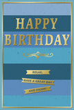 This birthday card offers a calm, polished look, as if chosen with care from a trusted Barnet florist to accompany a fresh birthday bouquet. The entire front is built from wide, horizontal bands of blue, each stripe shifting just a little from the next-from rich navy through denim and teal to softer, airy sky blue. These stripes blend smoothly, creating a gentle ombré effect that feels as tranquil as a slow walk through Hadley Wood on a clear morning. Set proudly in the centre, the greeting HAPPY BIRTHDAY is pressed into the card in large, embossed gold letters. The metallic finish is warm and softly reflective, so the words glimmer without being harsh, catching the light like the late-afternoon sun over Barnet's rooftops. Beneath this main message, a graceful gold flourish unfurls in a symmetrical curve, adding a hint of traditional charm. Below the flourish, three narrow gold banners are arranged in a tidy stack, each one slightly arched and textured so you can almost feel the raised foil under your fingertips. Together, they share a friendly birthday wish: Relax, have a great day and enjoy! A fine gold line runs around the very edge of the card, framing the blues and tying all the metallic accents together. The card stock looks smooth and substantial, with a matte finish that softens the colours and keeps the overall mood gentle. It feels perfect for a thoughtful birthday in Barnet, especially when tucked beside a vase of seasonal flowers on a kitchen table or office desk.